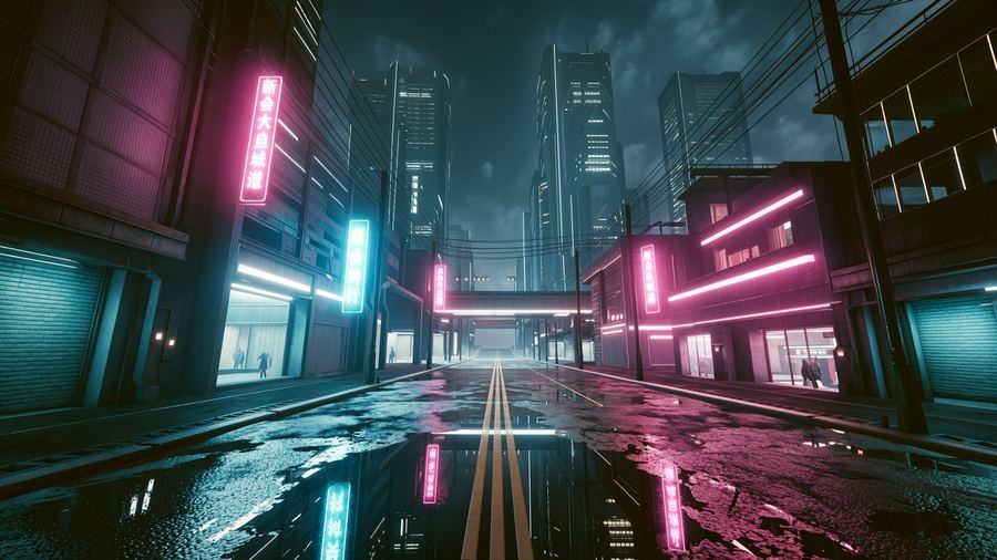 Cyberpunk city street at night